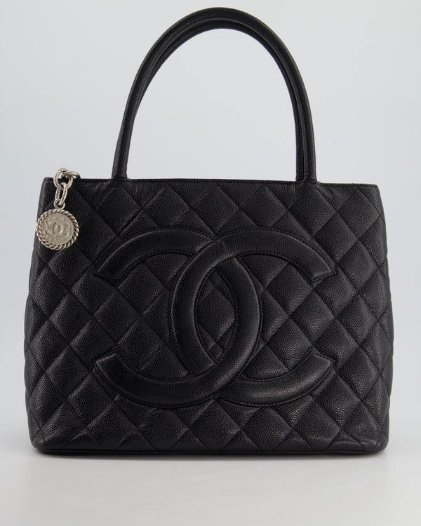 *HOT* Chanel Vintage Black Medallion Tote Bag with CC Logo in Caviar Leather and Silver Hardware