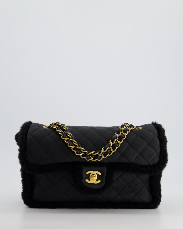 Chanel Black Medium Coco Neige Flap Bag Quilted Lambskin with Shearling and Brushed Gold Hardware