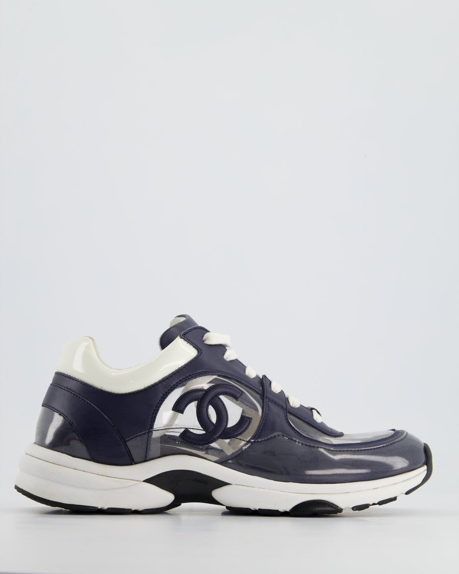 Chanel Blue and White Leather and PVC Trainers with CC Logo Size EU 39.5