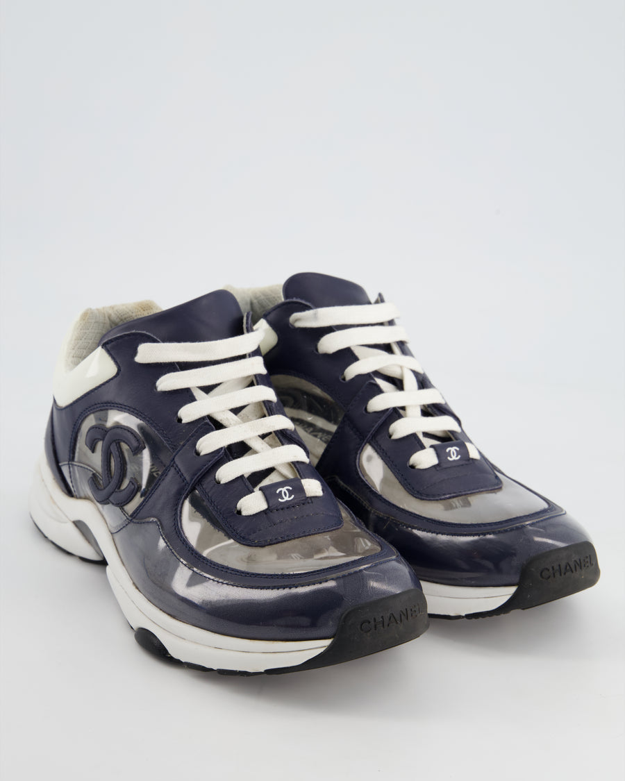 Chanel Blue and White Leather and PVC Trainers with CC Logo Size EU 39.5