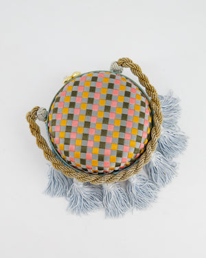 Bottega Veneta Blue and Orange Intrecciato Woven Circular Bag with Gold Strap and Blue Tassels