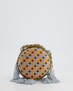 Bottega Veneta Blue and Orange Intrecciato Woven Circular Bag with Gold Strap and Blue Tassels