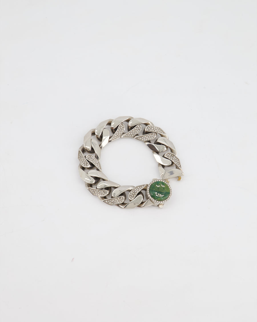 Christian Dior X Kenny Scharf Silver Cuban Link Bracelet with Jade Stone and Crystals