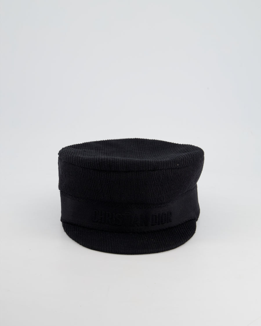 Christian Dior Black Ribbed Baker Boy Hat with Logo Detail Size 57cm