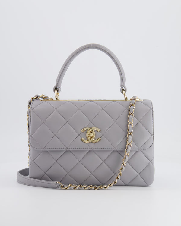 Chanel Small Light Grey Diamond Quilted Trendy Bag in Lambskin Leather with Champagne Gold Hardware