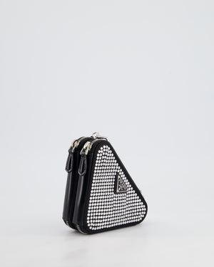 Prada Black Triangular Embellished Satin and Leather Mini-Pouch Bag with Crystals and Removable Straps