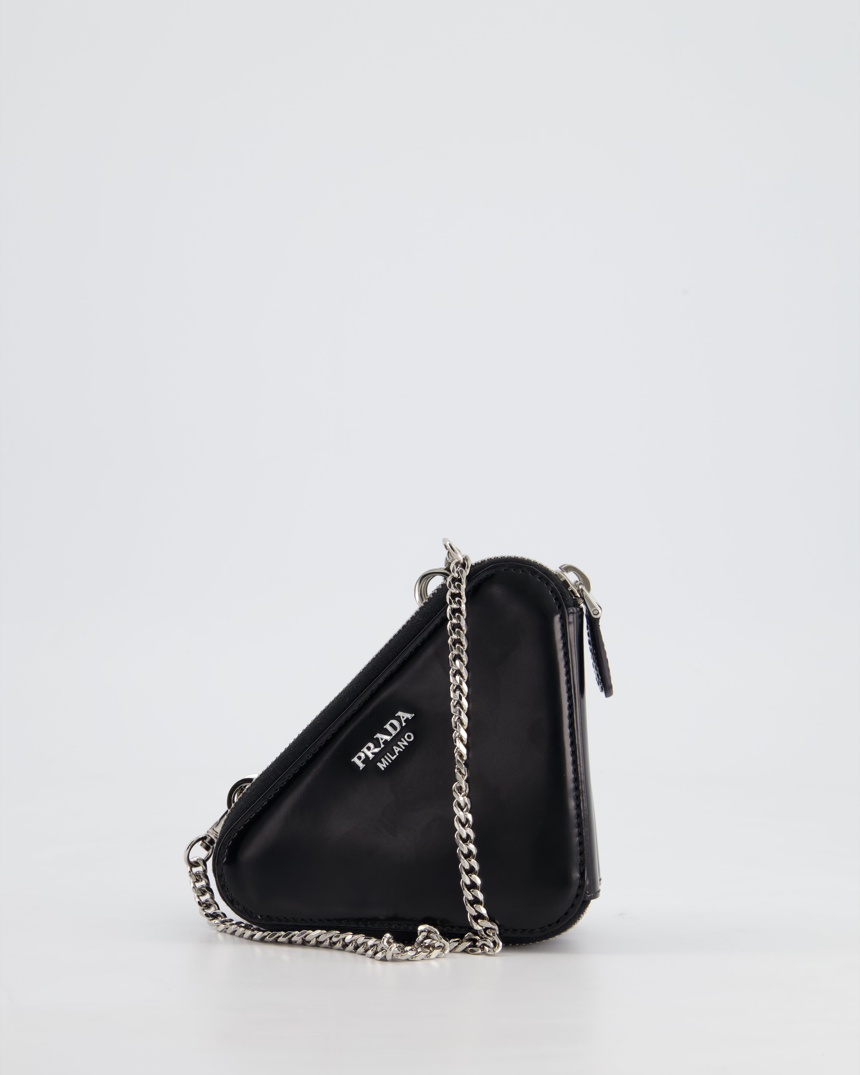 Prada Black Triangular Embellished Satin and Leather Mini Pouch Bag with Crystals and Removable Straps