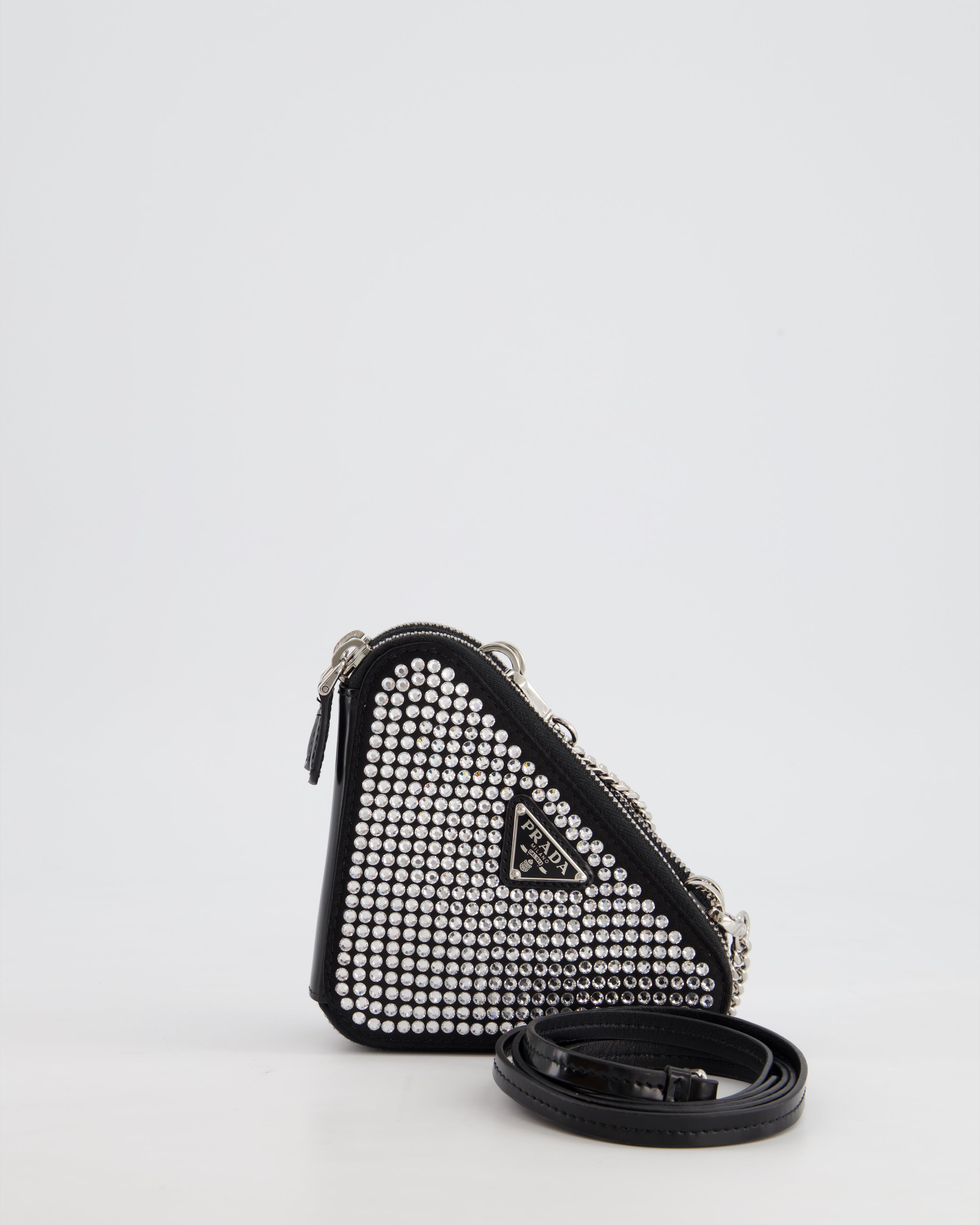 Prada Black Triangular Embellished Satin and Leather Mini Pouch Bag with Crystals and Removable Straps