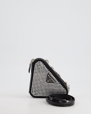 Prada Black Triangular Embellished Satin and Leather Mini-Pouch Bag with Crystals and Removable Straps