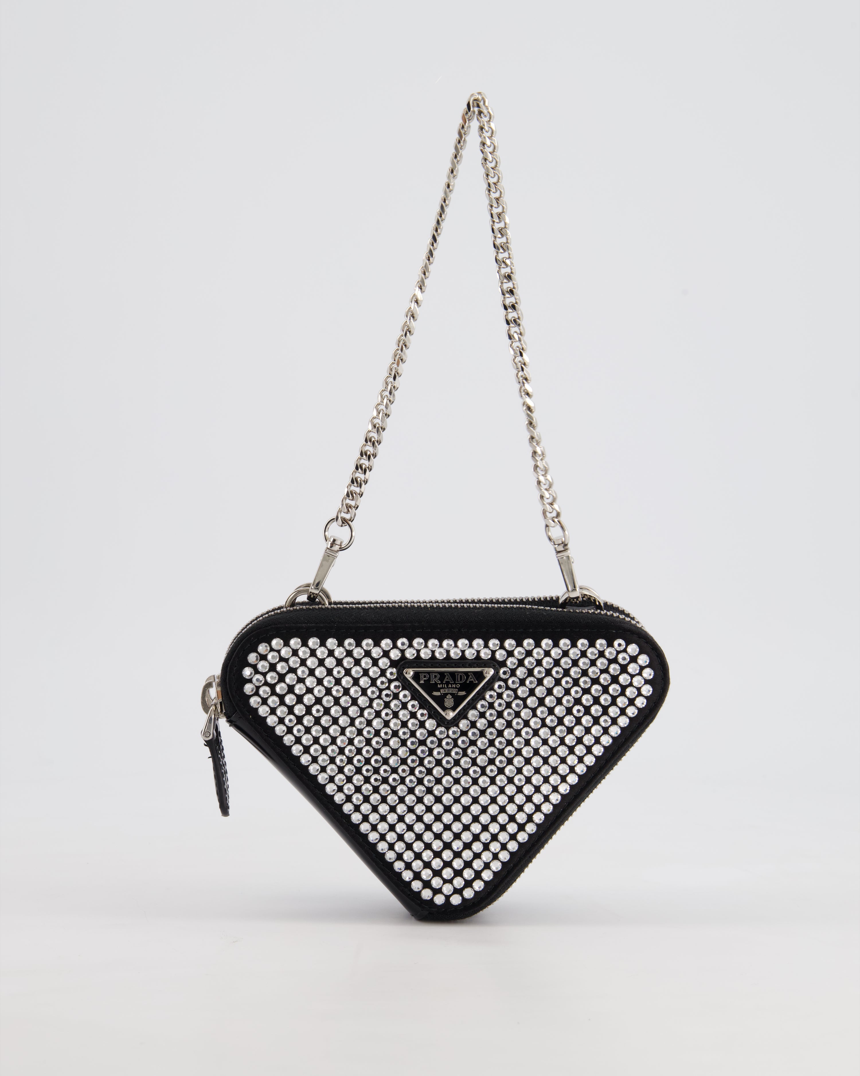 Prada Black Triangular Embellished Satin and Leather Mini Pouch Bag with Crystals and Removable Straps