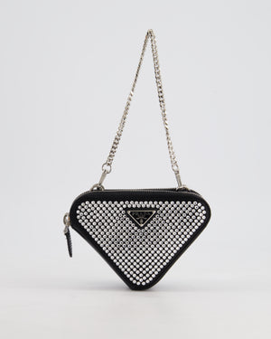 Prada Black Triangular Embellished Satin and Leather Mini-Pouch Bag with Crystals and Removable Straps