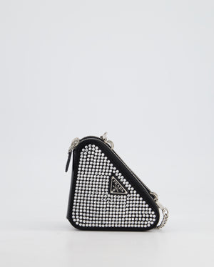 Prada Black Triangular Embellished Satin and Leather Mini-Pouch Bag with Crystals and Removable Straps