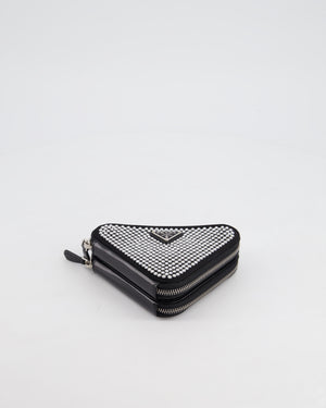 Prada Black Triangular Embellished Satin and Leather Mini-Pouch Bag with Crystals and Removable Straps