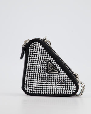 Prada Black Triangular Embellished Satin and Leather Mini-Pouch Bag with Crystals and Removable Straps