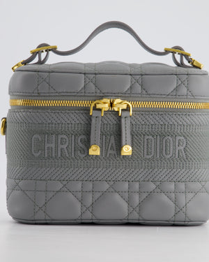 Christian Dior Grey Lambskin Leather Cannage Vanity Case Bag with Top Handle and Cross-Body Strap