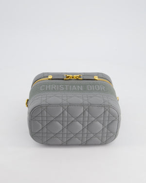 Christian Dior Grey Lambskin Leather Cannage Vanity Case Bag with Top Handle and Cross-Body Strap