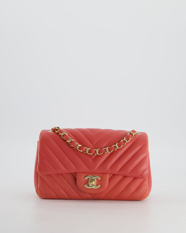 Chanel Watermelon Pink Mini Rectangular Bag in Chevron Lambskin Leather with Silver Hardware