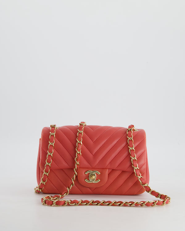 Chanel Watermelon Pink Mini Rectangular Bag in Chevron Lambskin Leather with Silver Hardware