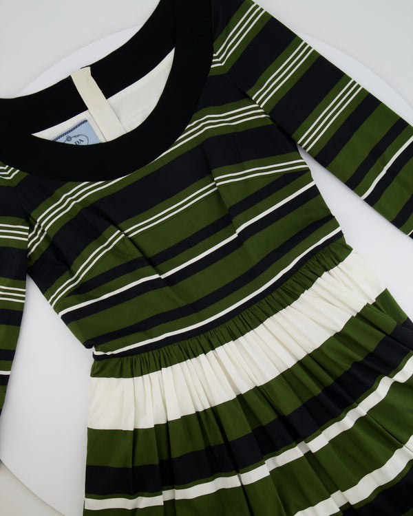 Prada Khaki, Navy & White Striped Mid-Sleeve Off-Shoulder Dress Size IT 40 (UK 8)