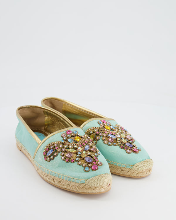 Rene Caovilla Turquoise Blue Metallic Espadrilles with Crystal Embellishments Size EU 39