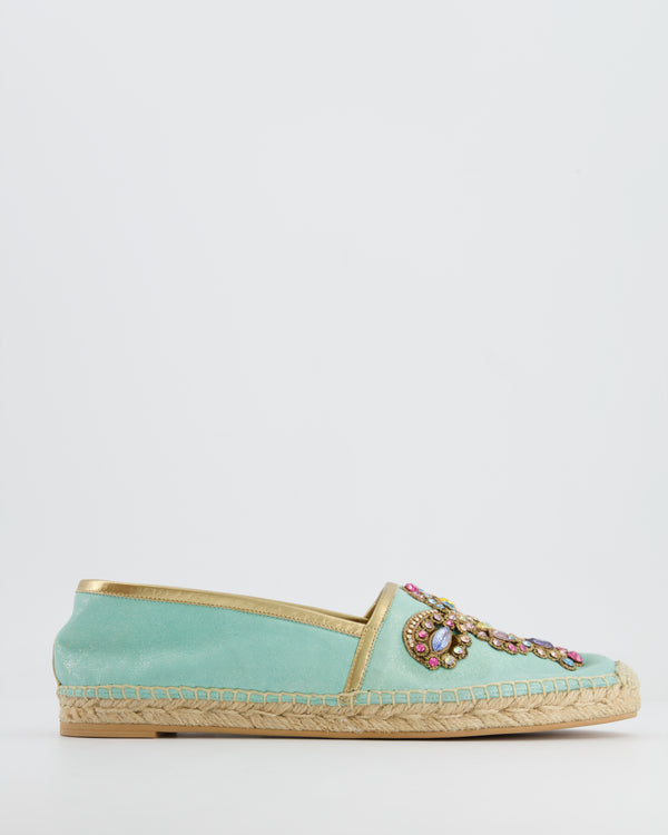 Rene Caovilla Turquoise Blue Metallic Espadrilles with Crystal Embellishments Size EU 39