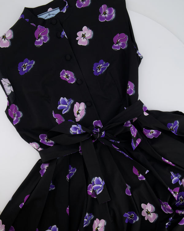 Prada Black and Purple Floral Printed Midi Shirt Dress with Belt Size IT 42 (UK 10)