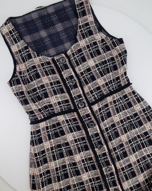 Miu Miu Navy, White and Pink Wool Checked Tweed Mini Sleeveless Dress Size IT 42 (UK 10)