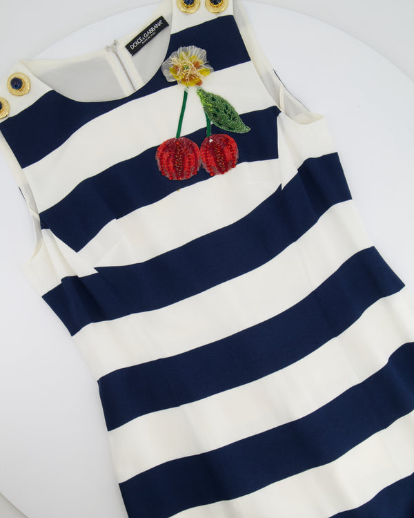 Dolce & Gabbana Navy and White Striped Midi Dress with Sequin Details and Lace Trim Size IT 44 (UK 12)