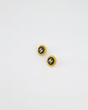 Chanel Small Round Black & 24K Yellow Gold Clip On Vintage Earrings