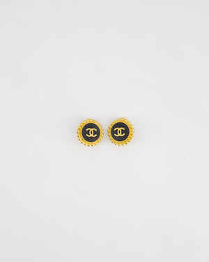 Chanel Small Round Black & 24K Yellow Gold Clip On Vintage Earrings