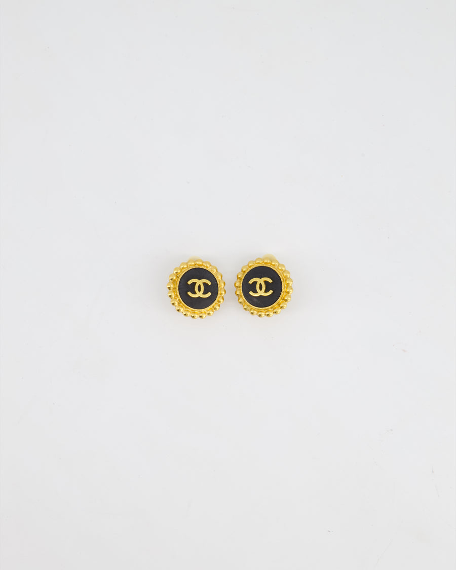 Chanel Small Round Black & 24K Yellow Gold Clip On Vintage Earrings