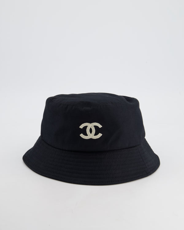 Chanel Black Bucket Hat with White Stitched CC Logo Size L