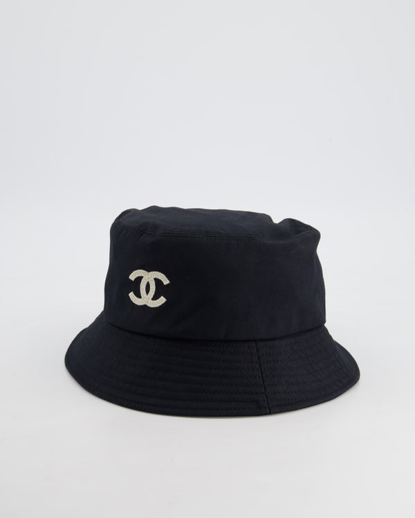 Chanel Black Bucket Hat with White Stitched CC Logo Size L