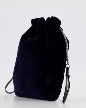 Prada Navy Velvet Draw-String Mini Bag with Beaded Flower Detail