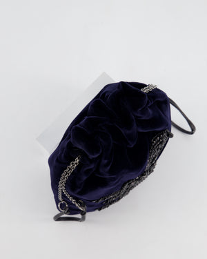 Prada Navy Velvet Draw-String Mini Bag with Beaded Flower Detail