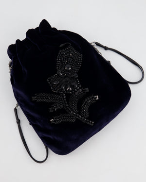 Prada Navy Velvet Draw-String Mini Bag with Beaded Flower Detail