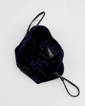 Prada Navy Velvet Draw-String Mini Bag with Beaded Flower Detail