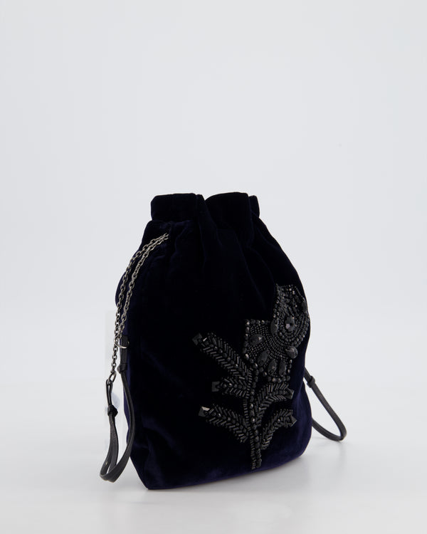 Prada Navy Velvet Draw-String Mini Bag with Beaded Flower Detail