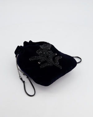 Prada Navy Velvet Draw-String Mini Bag with Beaded Flower Detail