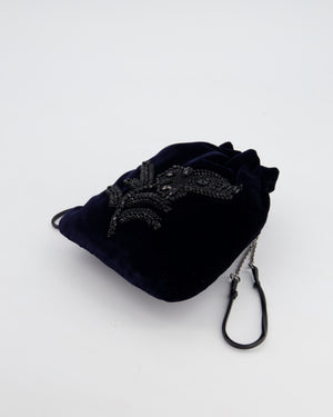 Prada Navy Velvet Draw-String Mini Bag with Beaded Flower Detail