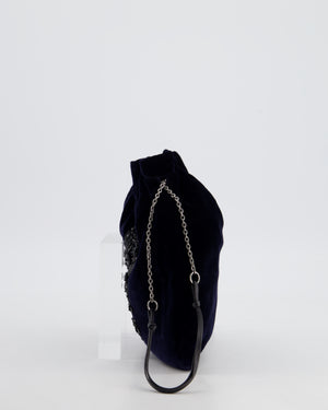 Prada Navy Velvet Draw-String Mini Bag with Beaded Flower Detail