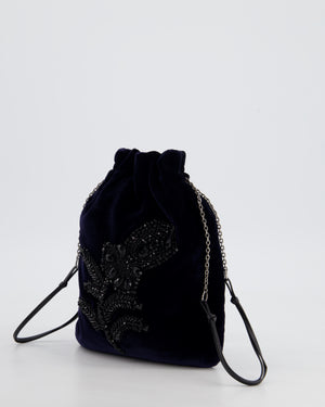 Prada Navy Velvet Draw-String Mini Bag with Beaded Flower Detail