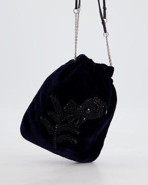 Prada Navy Velvet Draw-String Mini Bag with Beaded Flower Detail