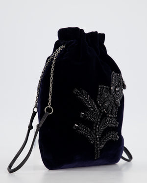 Prada Navy Velvet Draw-String Mini Bag with Beaded Flower Detail