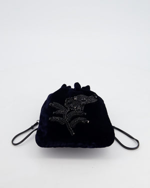 Prada Navy Velvet Draw-String Mini Bag with Beaded Flower Detail