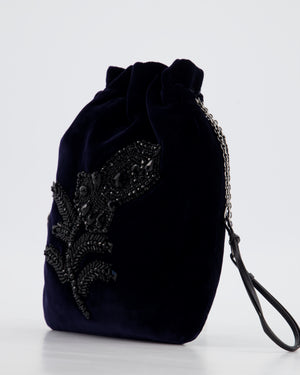 Prada Navy Velvet Draw-String Mini Bag with Beaded Flower Detail