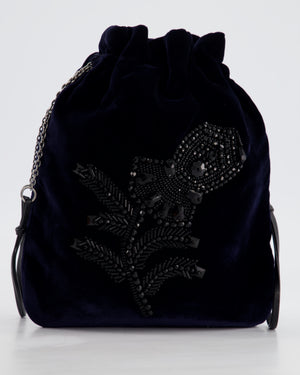 Prada Navy Velvet Draw-String Mini Bag with Beaded Flower Detail