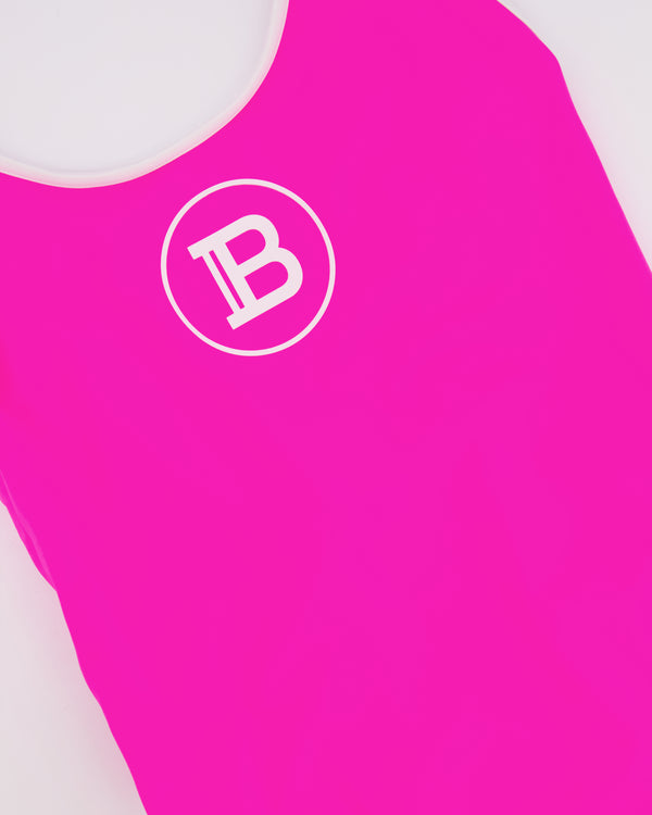 Balmain Bright Pink and White Swimsuit with Logo Detail Size FR 40 (UK 12)