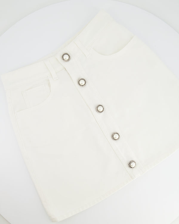 Alessandra Rich White Denim Mini Skirt with Pearl Button Details Size IT 40 (UK 8)