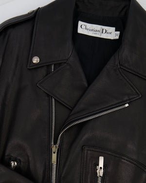 Christian Dior Black Leather Biker Jacket with Silver Zip Detail and Stitch Logo FR 40 (UK 12)